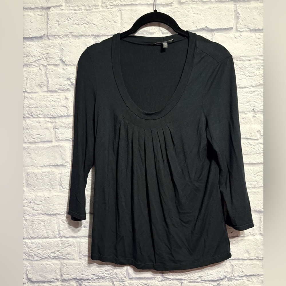 Anne Klein Black Scoop Neck Modal Pleated Front Long Sleeve Top PS
